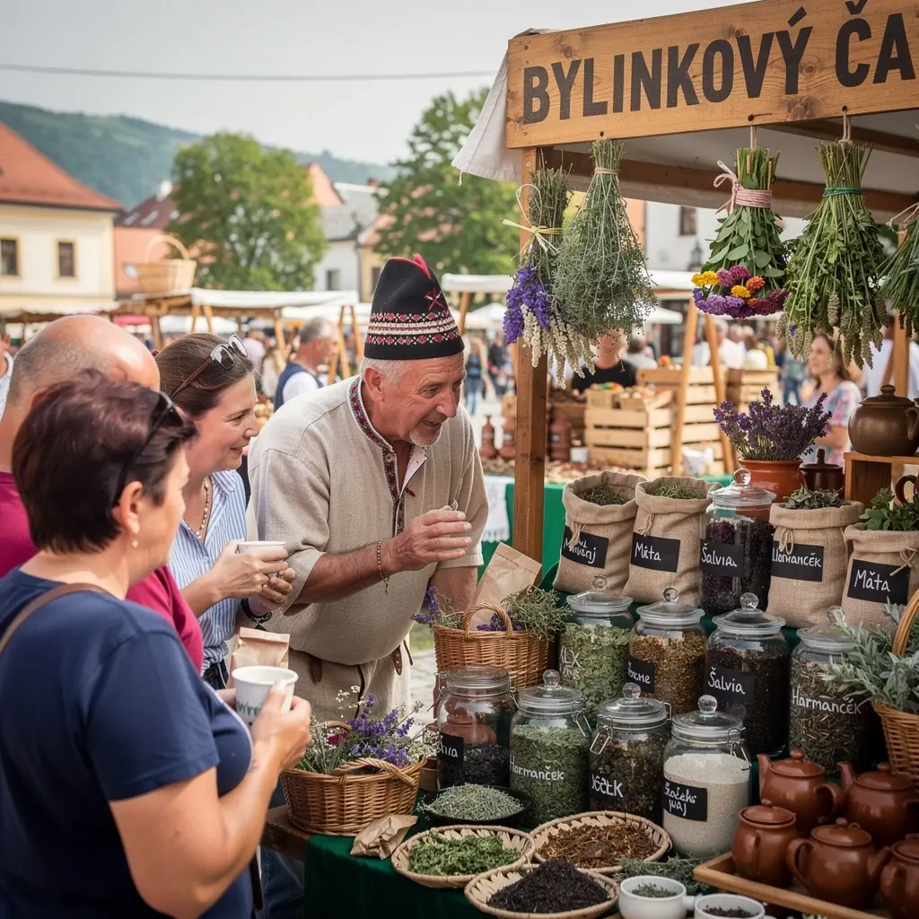 Rituál prípravy čaju s tradičnými slovenskými pohármi a dekoračnými prvkami.